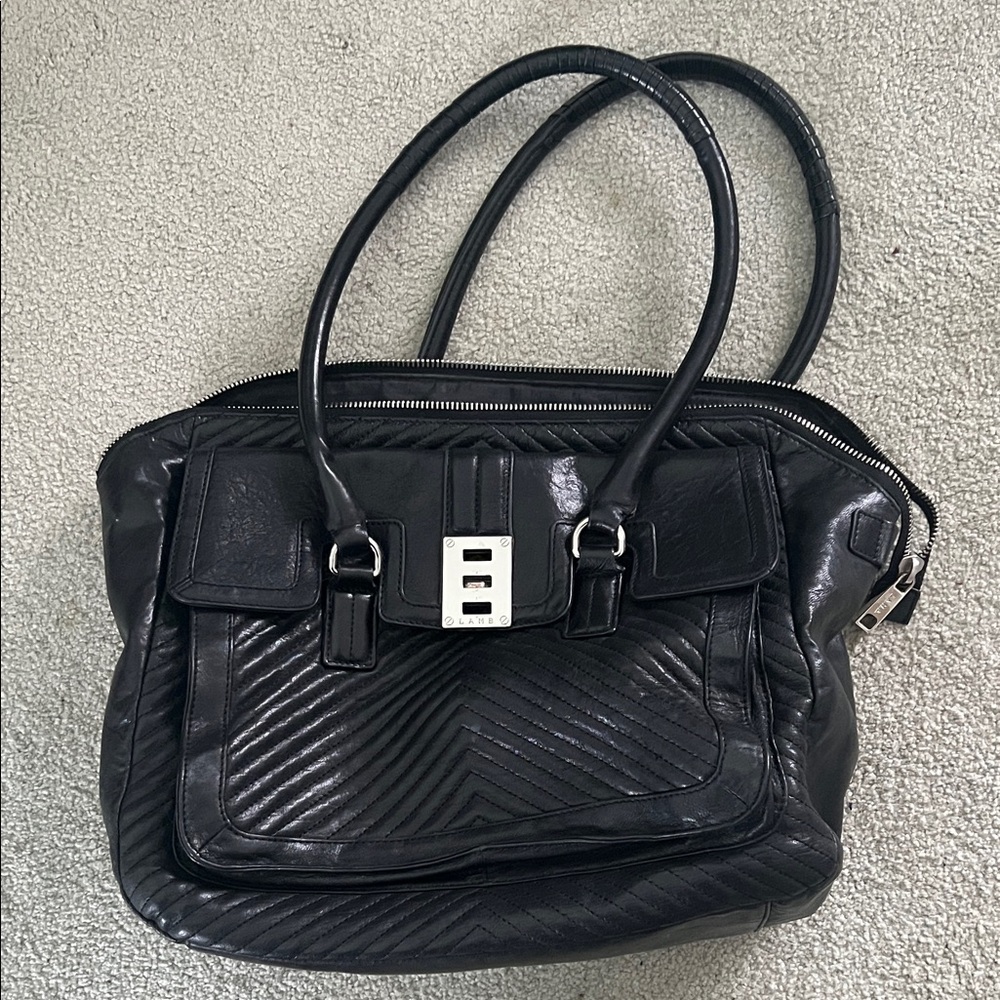 L. A. M. B. Black Quilted Leather Zip Top Tote Handbag